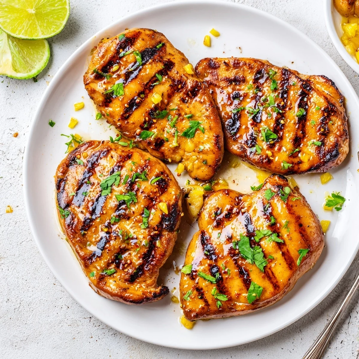 Key West Grilled Chicken With Tropical Citrus Marinade juicy breasts resting, served with pineapple