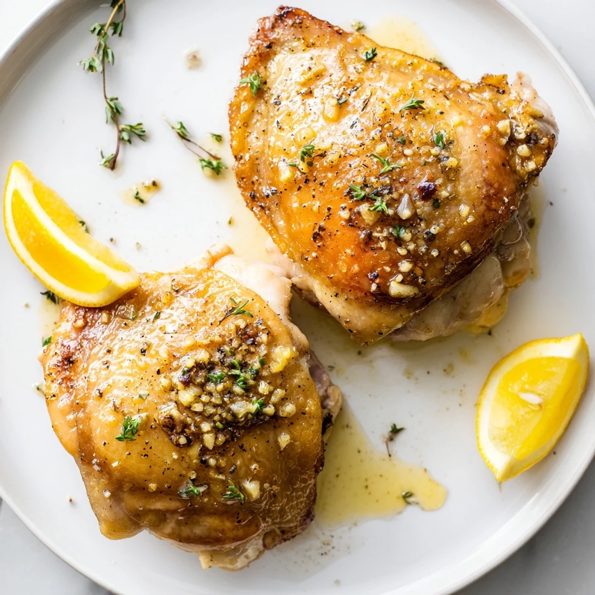 Lemon Pepper Chicken Thighs roasted to golden crisp, garnished with lemon wedges.  
