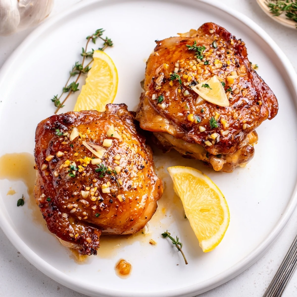 Juicy Lemon Pepper Chicken Thighs marinated in zesty lemon, served with parsley.  