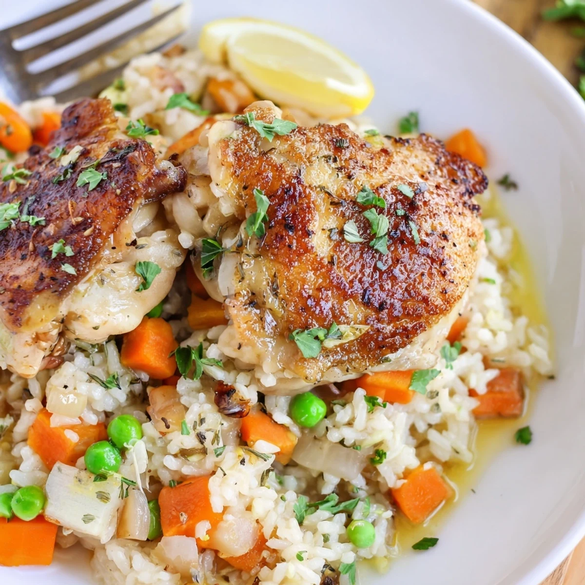 Slow Cooker Lemon Herb Chicken And Rice steaming, bright lemon aroma, fluffy rice