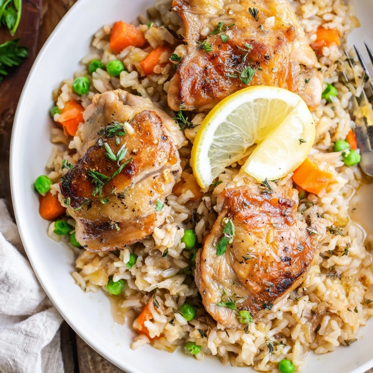 Hearty Slow Cooker Lemon Herb Chicken And Rice served garnished with fresh parsley