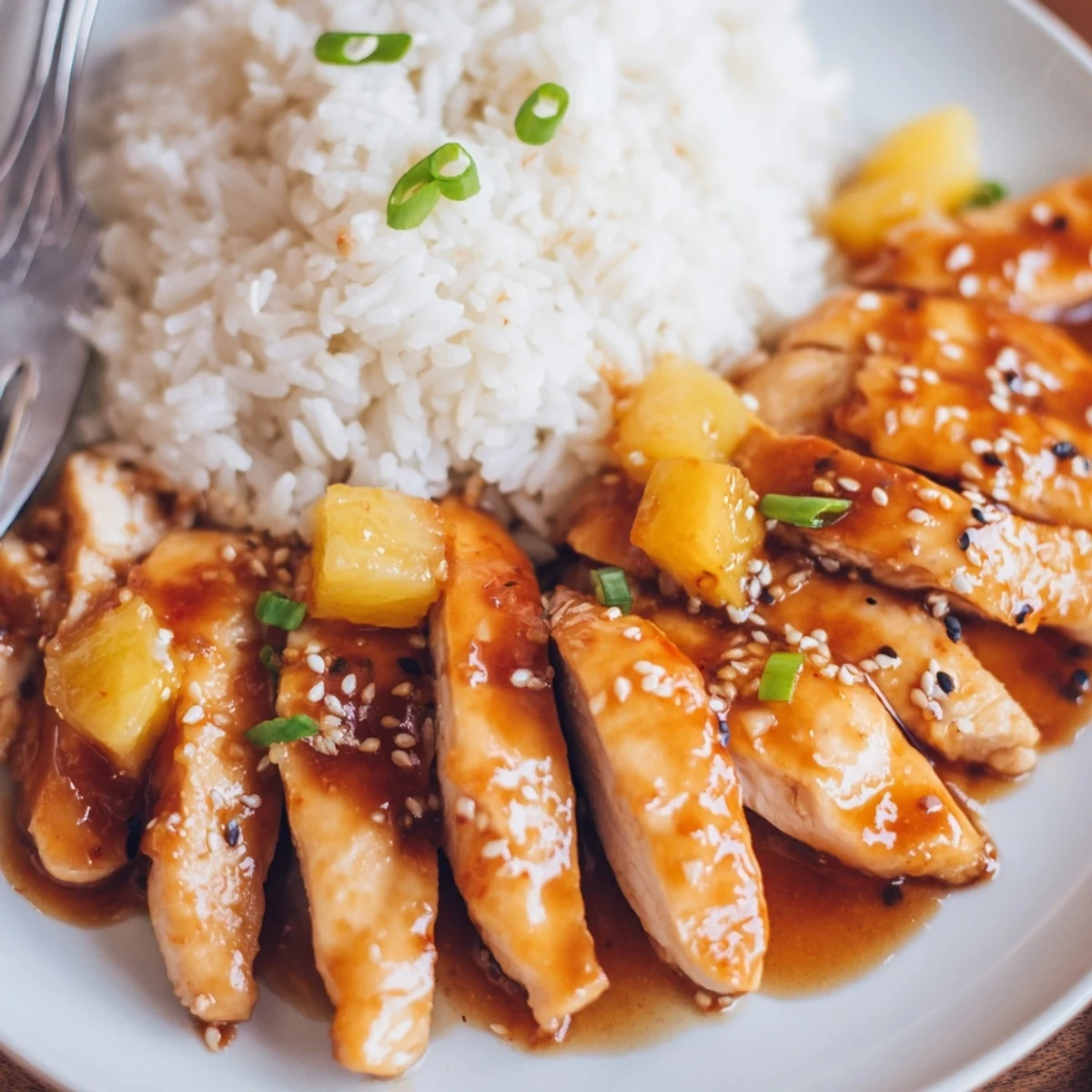 Hawaiian Chicken With Coconut Rice glistening with pineapple glaze, served over fluffy rice.