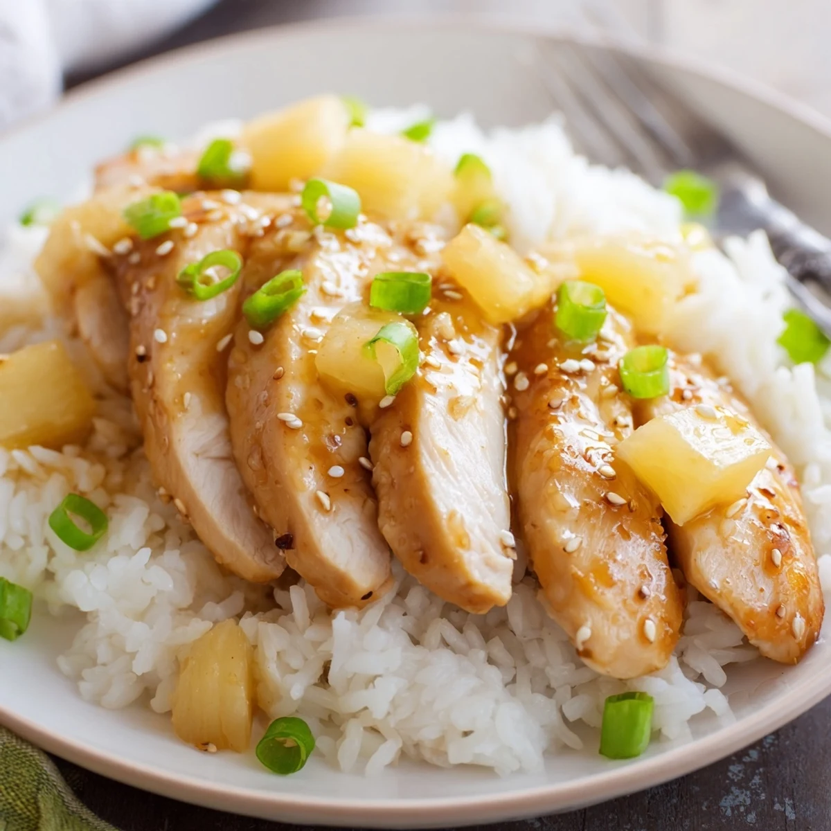 Sliced Hawaiian Chicken With Coconut Rice plated with green onions, sesame, fragrant steam.