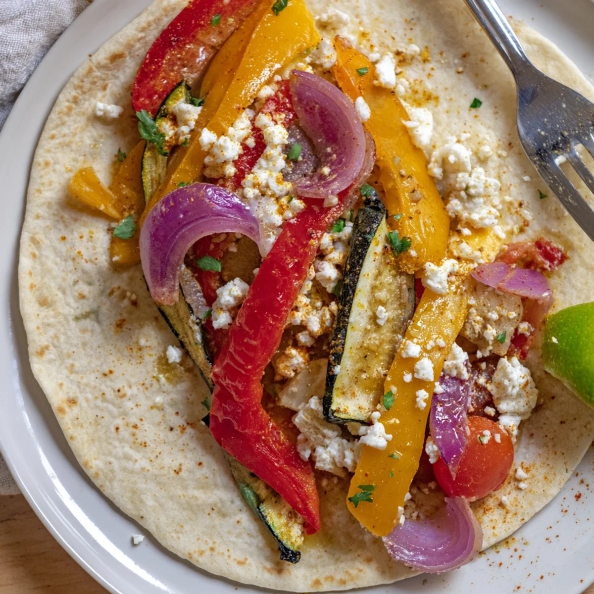 Tajin Feta Sheet Pan Fajitas with roasted peppers, sizzling feta, lime wedges