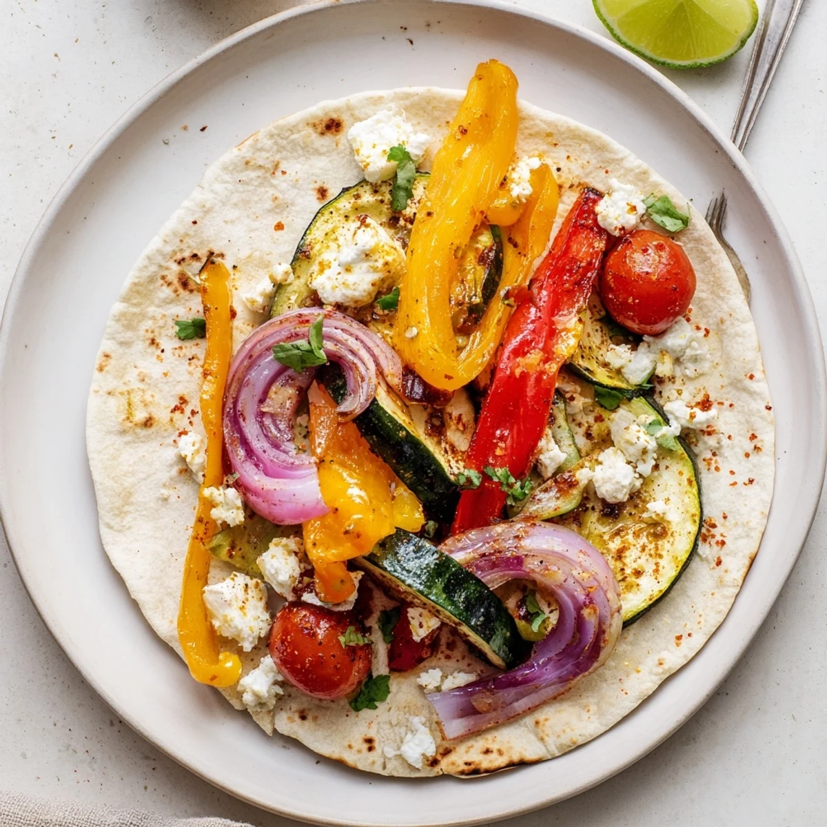 Bright Tajin Feta Sheet Pan Fajitas on parchment, warm tortillas ready