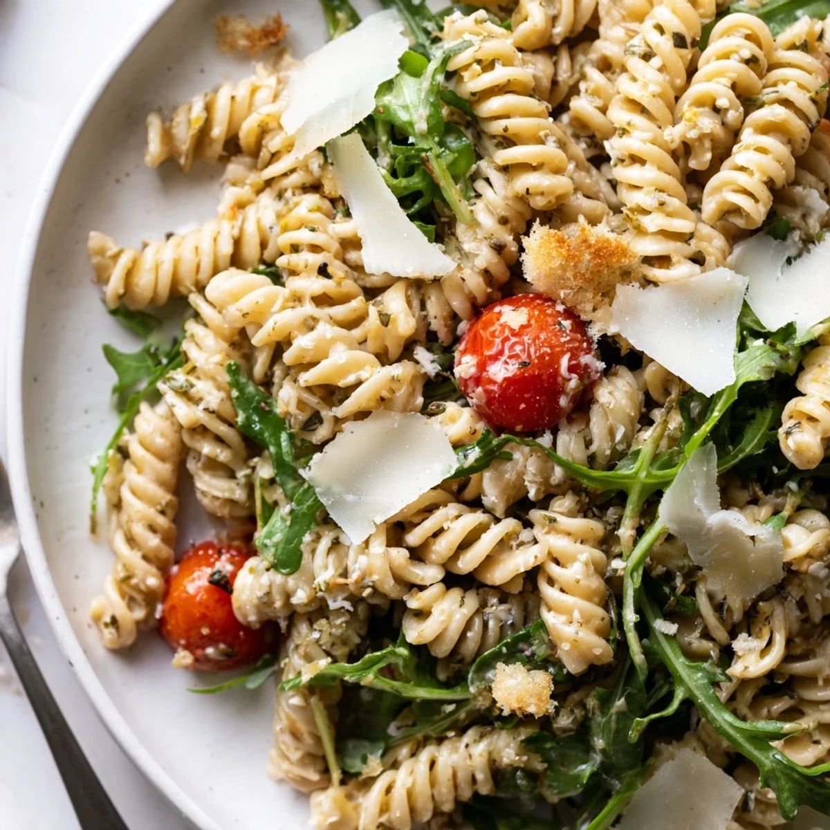 Arugula Pasta Caesar Salad with creamy dressing, peppery greens, and cherry tomatoes