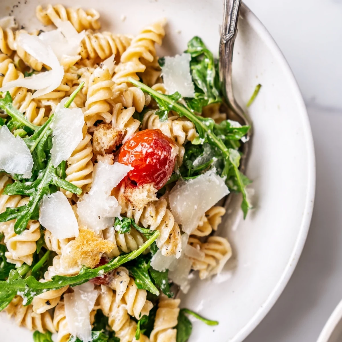 Serve Arugula Pasta Caesar Salad warm or chilled, topped with crunchy croutons