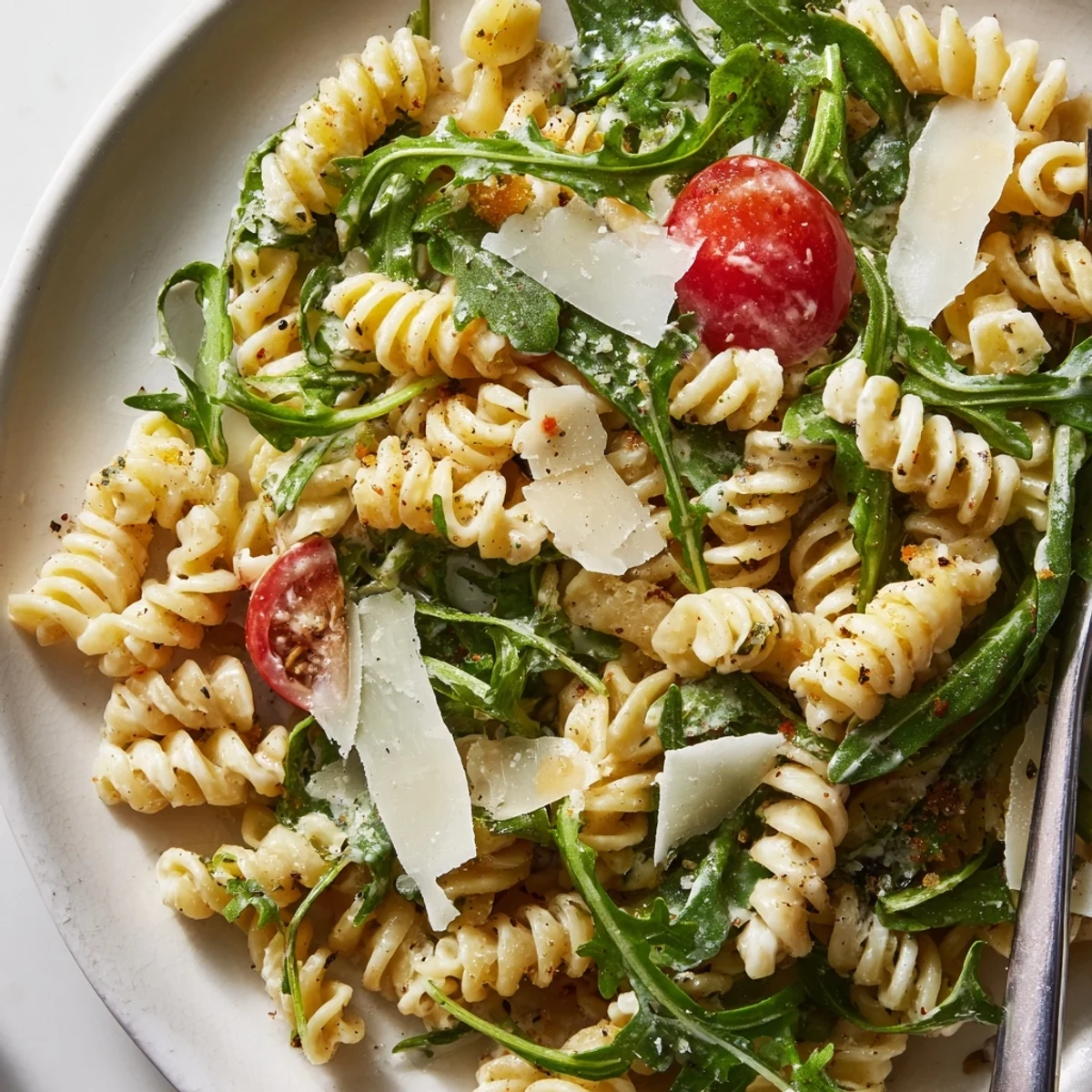 Bright Arugula Pasta Caesar Salad tossed with al dente pasta and shaved Parmesan