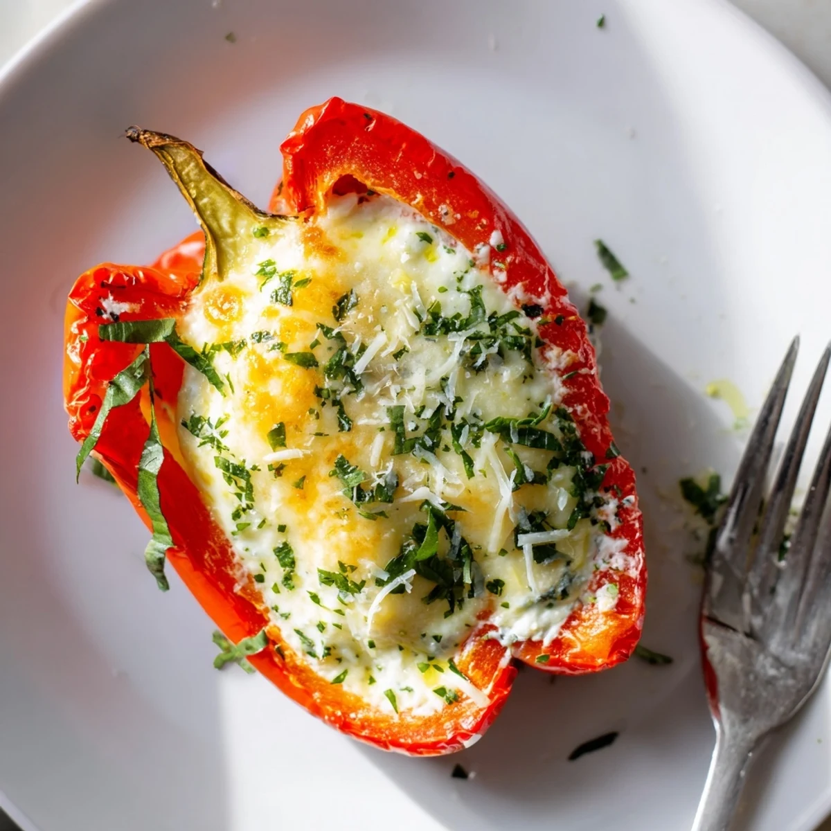 Warm Herby Ricotta Stuffed Peppers topped with melted mozzarella, lemon zest brightness