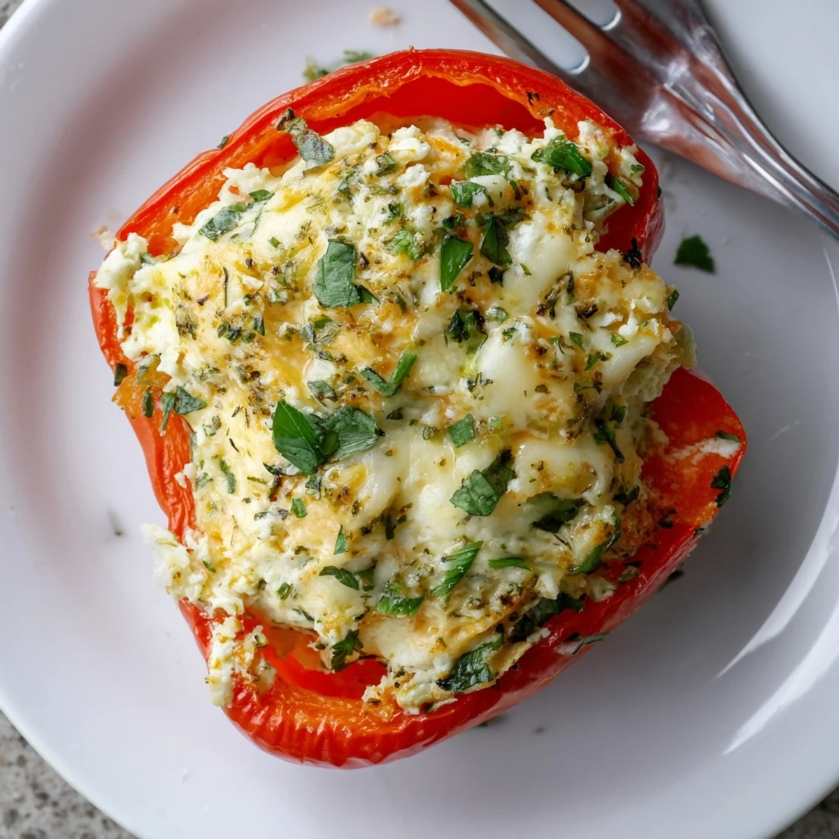 Herby Ricotta Stuffed Peppers bubbling golden in baking dish, aromatic basil scent