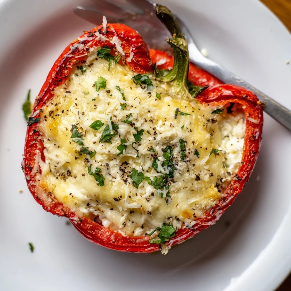 Plated Herby Ricotta Stuffed Peppers alongside crusty bread and fresh parsley