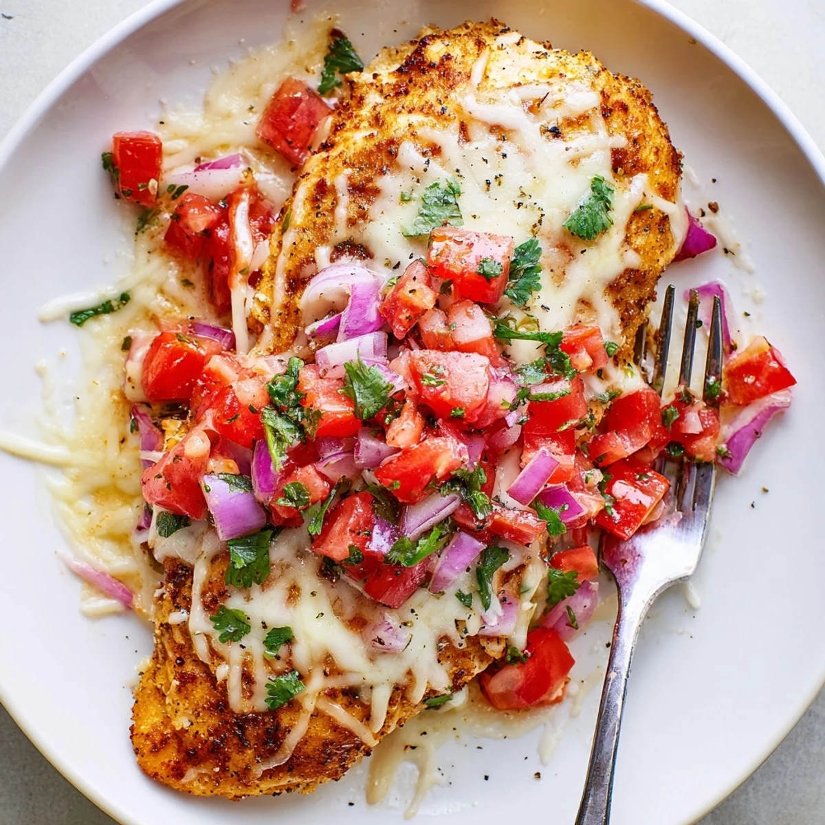 Oven roasted Salsa Fresca Chicken Bake resting juicy breasts topped with cilantro