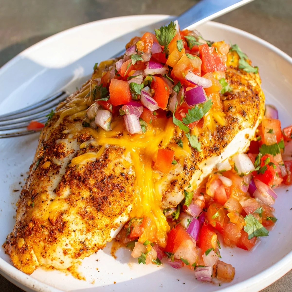 Salsa Fresca Chicken Bake with bubbly cheese, bright tomato salsa topping