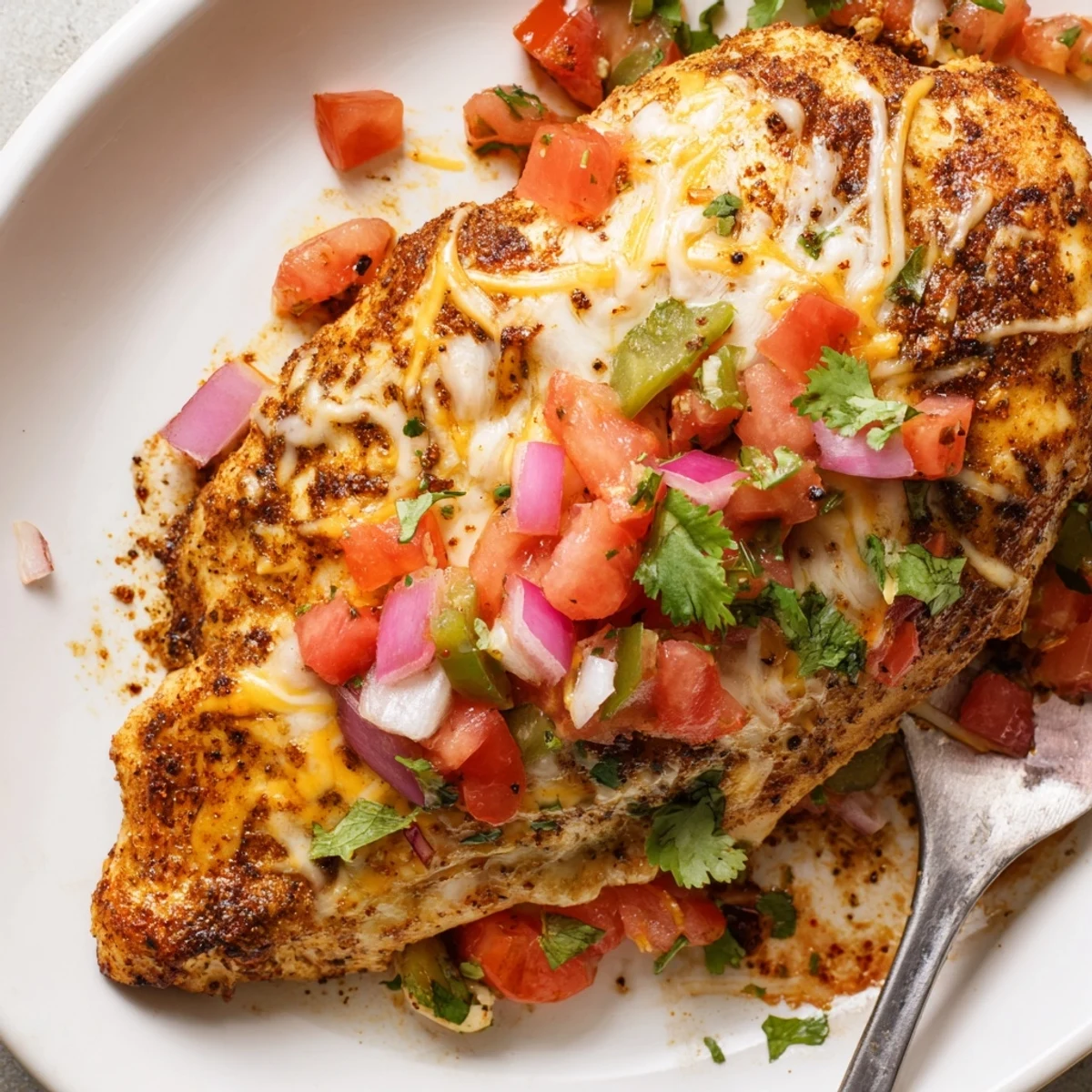 Family style Salsa Fresca Chicken Bake served over rice with zesty jalapeño