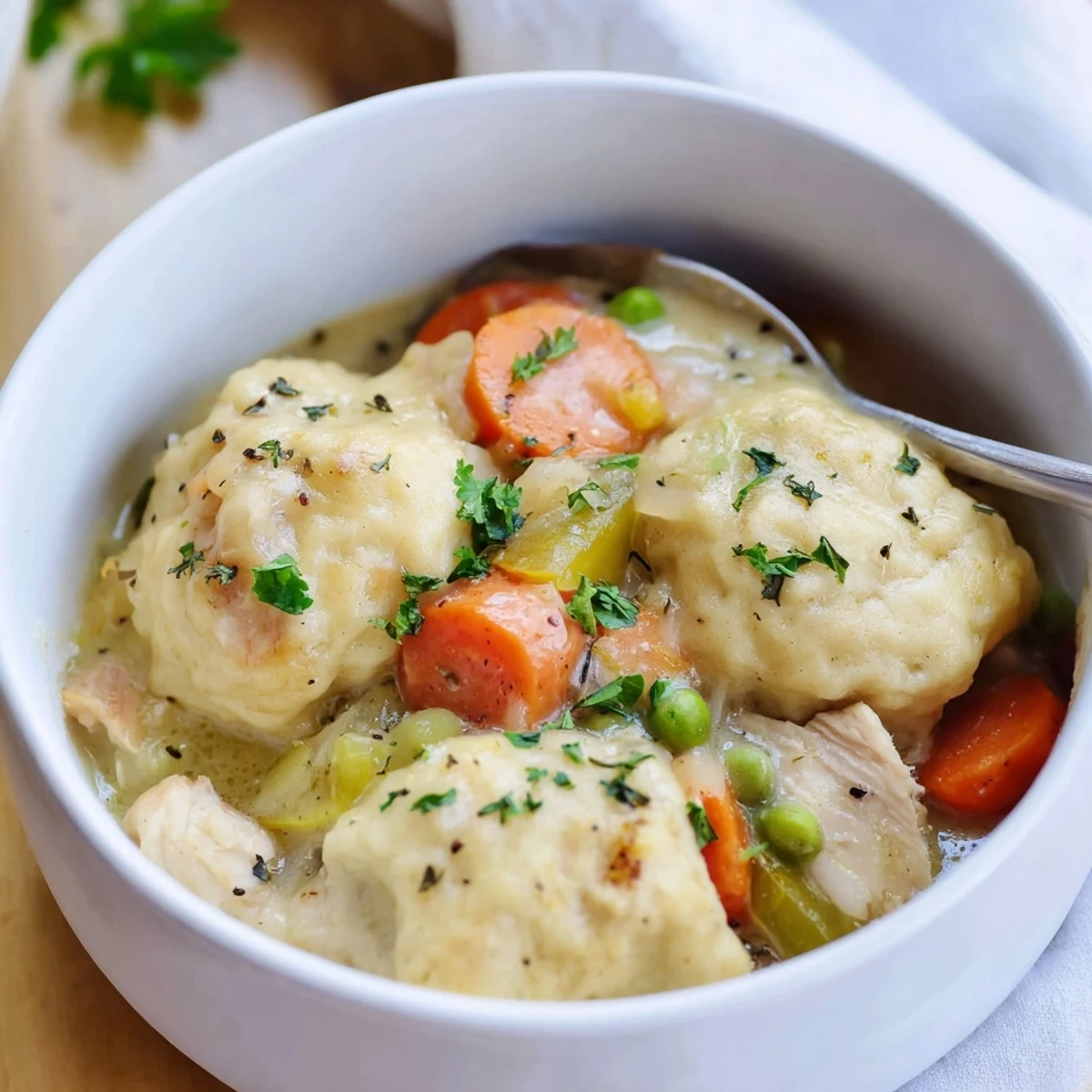 One Pot Chicken And Dumplings steaming in a Dutch oven, tender chicken, pillowy dumplings