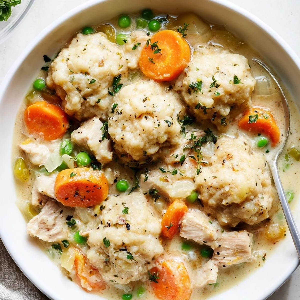 Hearty One Pot Chicken And Dumplings with carrots, celery, and creamy broth