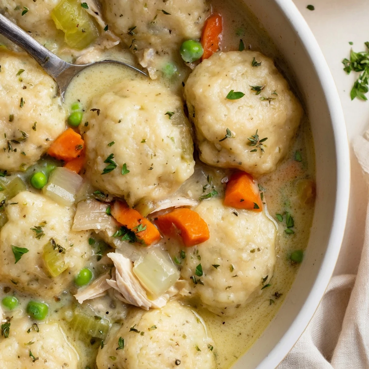 Creamy One Pot Chicken And Dumplings ladled into bowls, savory broth and herbs