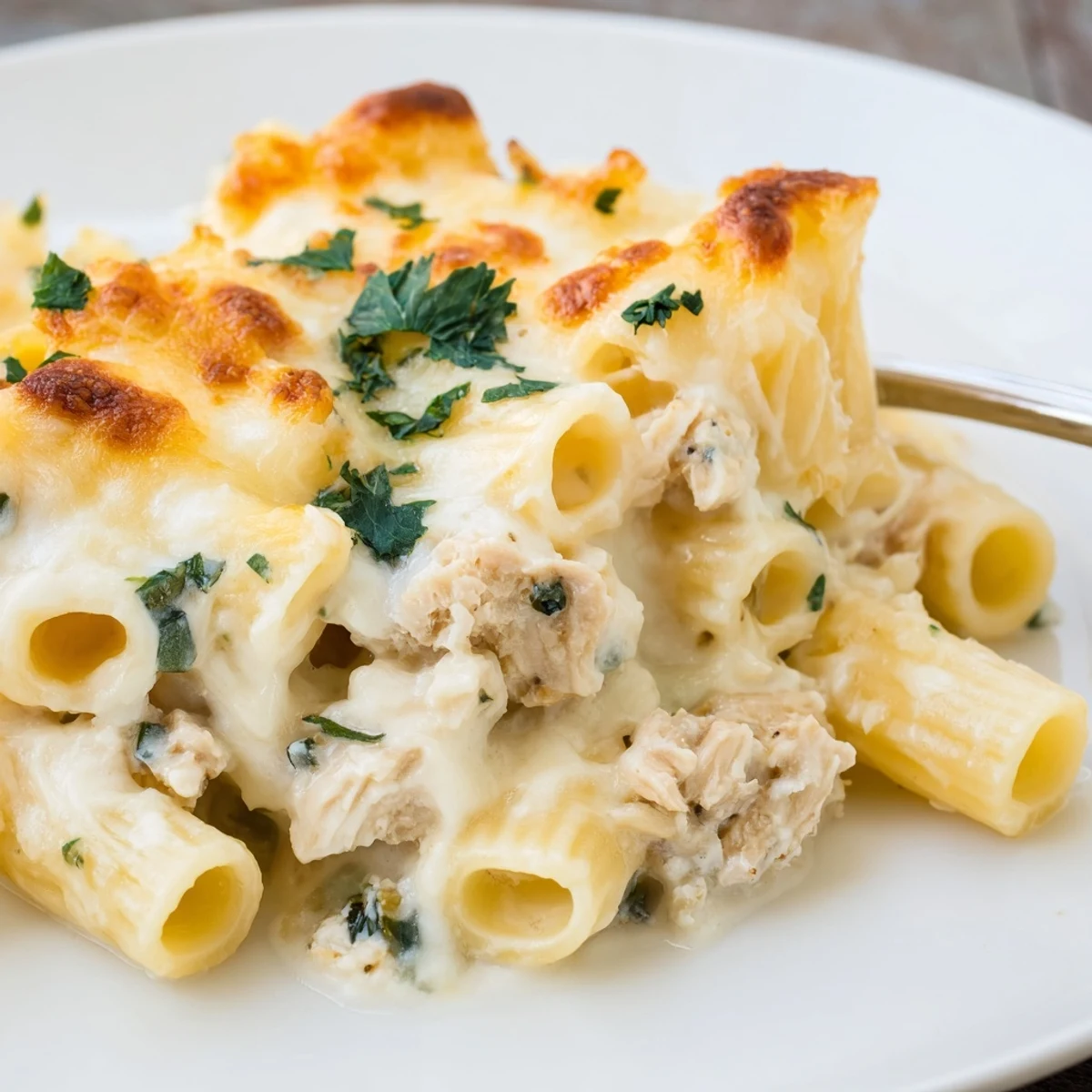 Creamy Chicken Alfredo Bake With Mozzarella Crust, bubbling golden, served with garlic bread