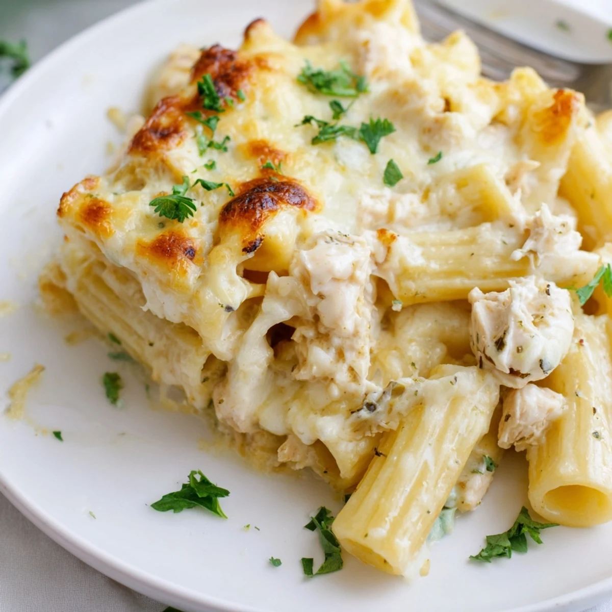 Warm Creamy Chicken Alfredo Bake With Mozzarella Crust, tender chicken and parsley garnish
