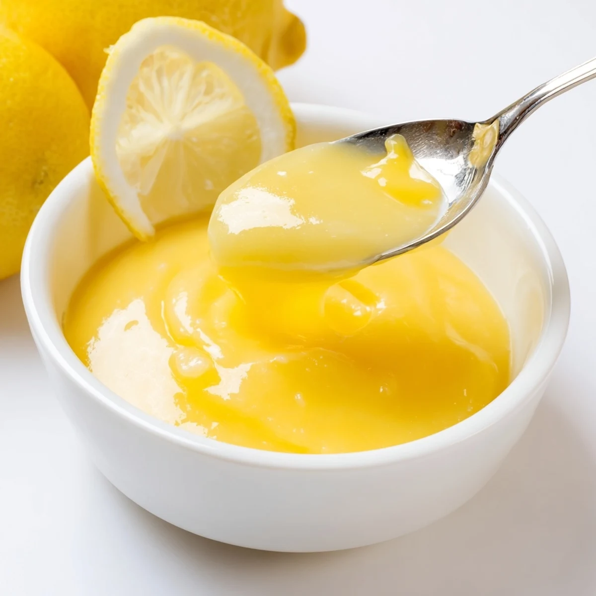 Glossy dollop of Homemade Lemon Curd on warm scones, bright citrus aroma.