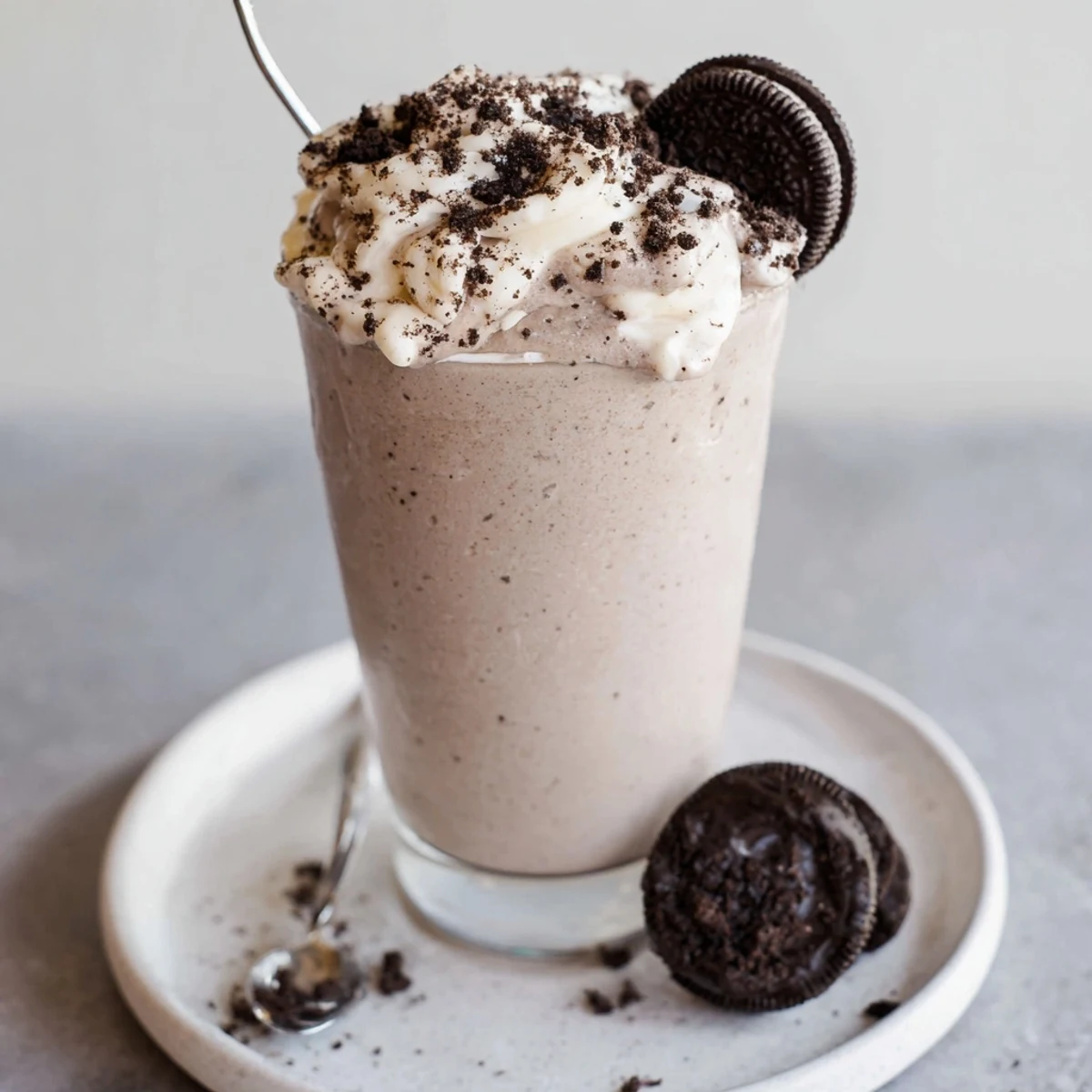 Cookies And Cream Protein Shake poured in tall glass, creamy, chocolate-speckled.