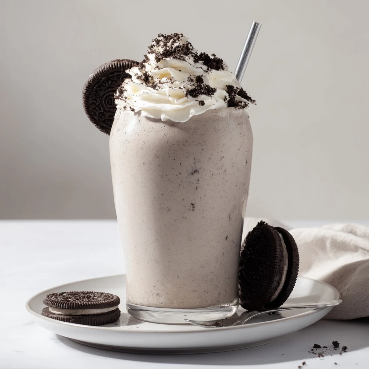 Cold Cookies And Cream Protein Shake garnished with crushed cookie crumbs, frothy.