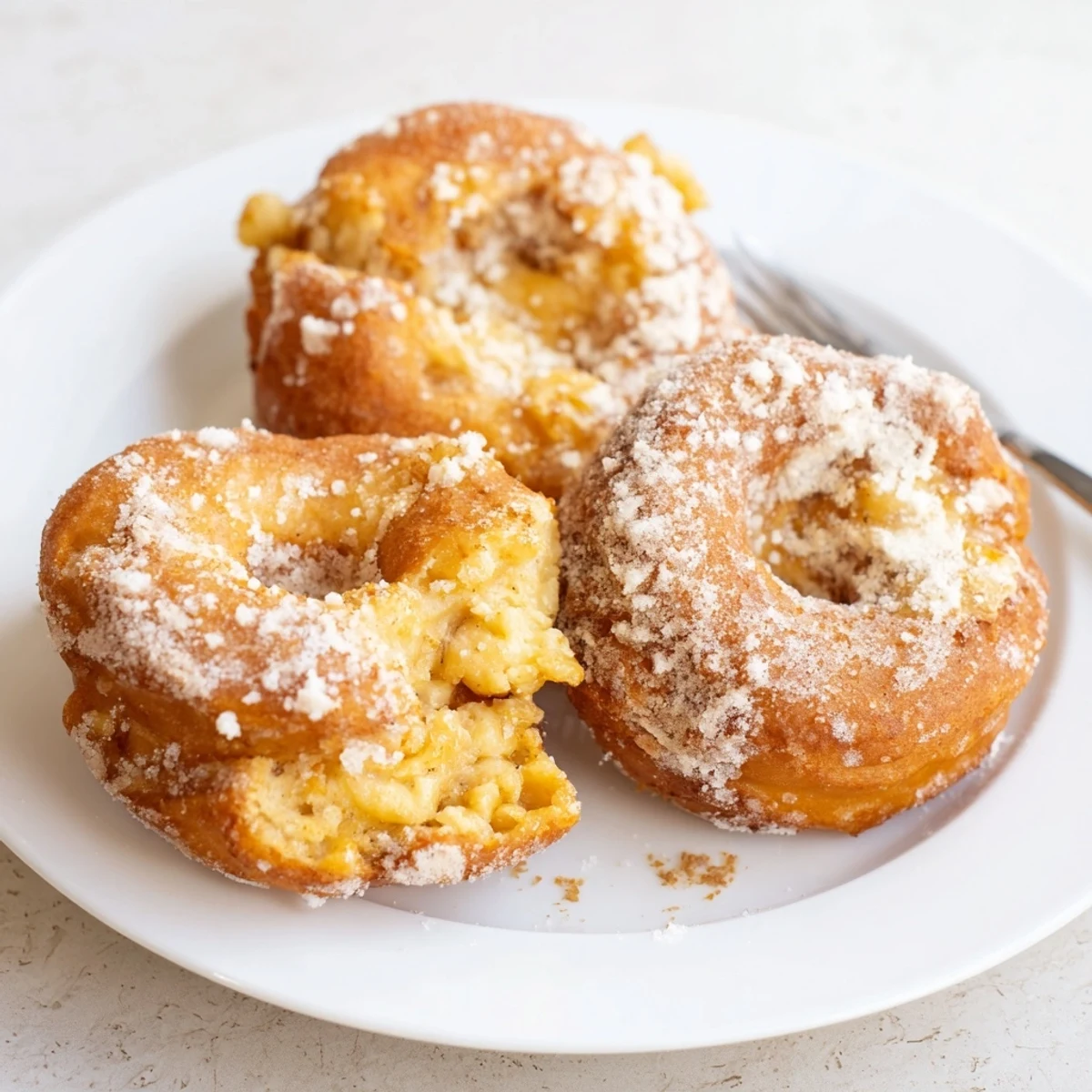 Warm Banana Donuts dusted with cinnamon powdered sugar, perfect with coffee
