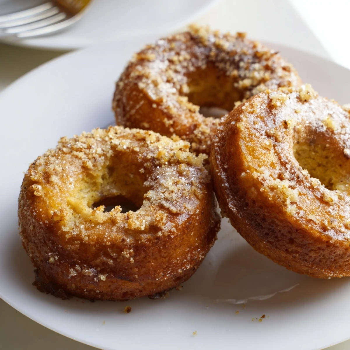 Plate of baked Banana Donuts with visible banana specks, tender and fluffy
