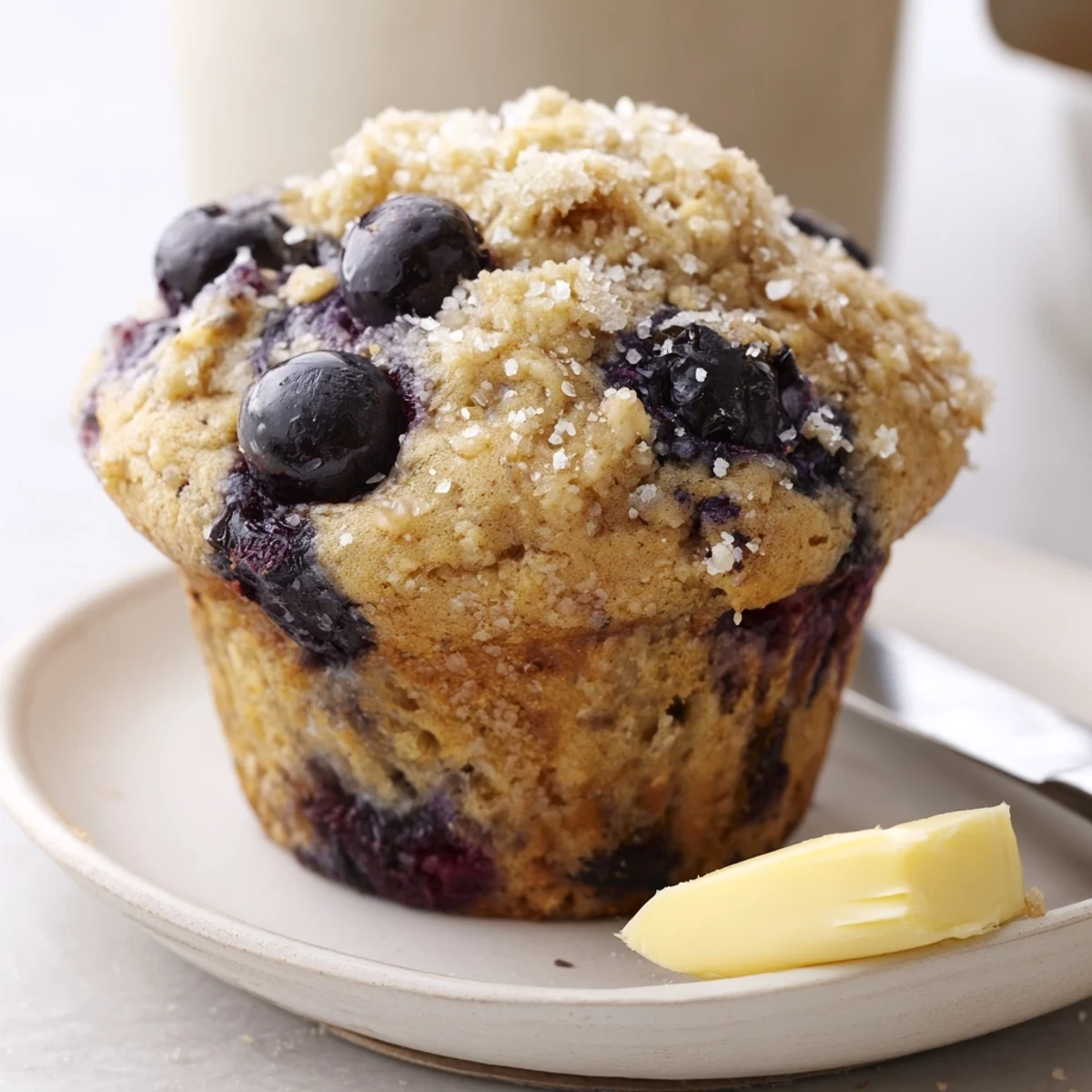 Warm Blueberry Banana Muffins split open, banana aroma and juicy berries.