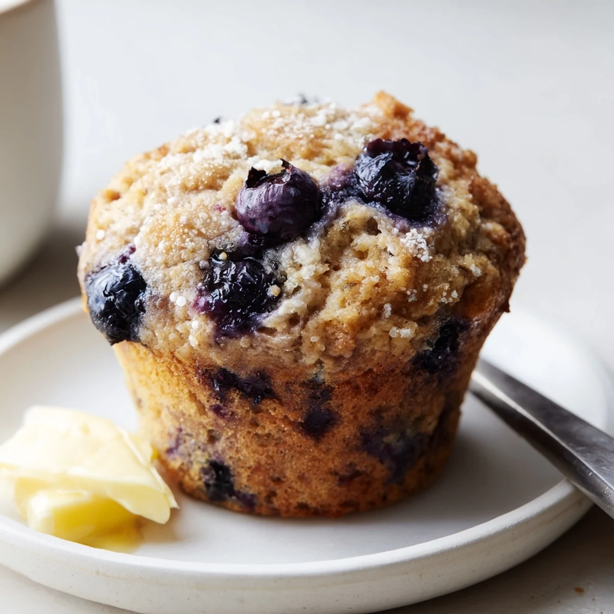 A plate of Blueberry Banana Muffins with butter, soft crumb visible.
