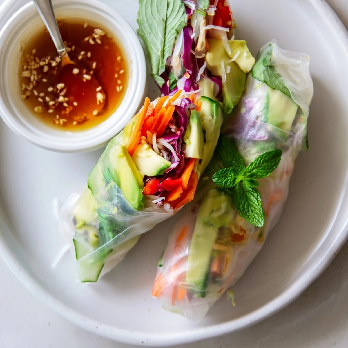 Gluten Free Vegetable Spring Rolls arranged on a platter with tangy sauce