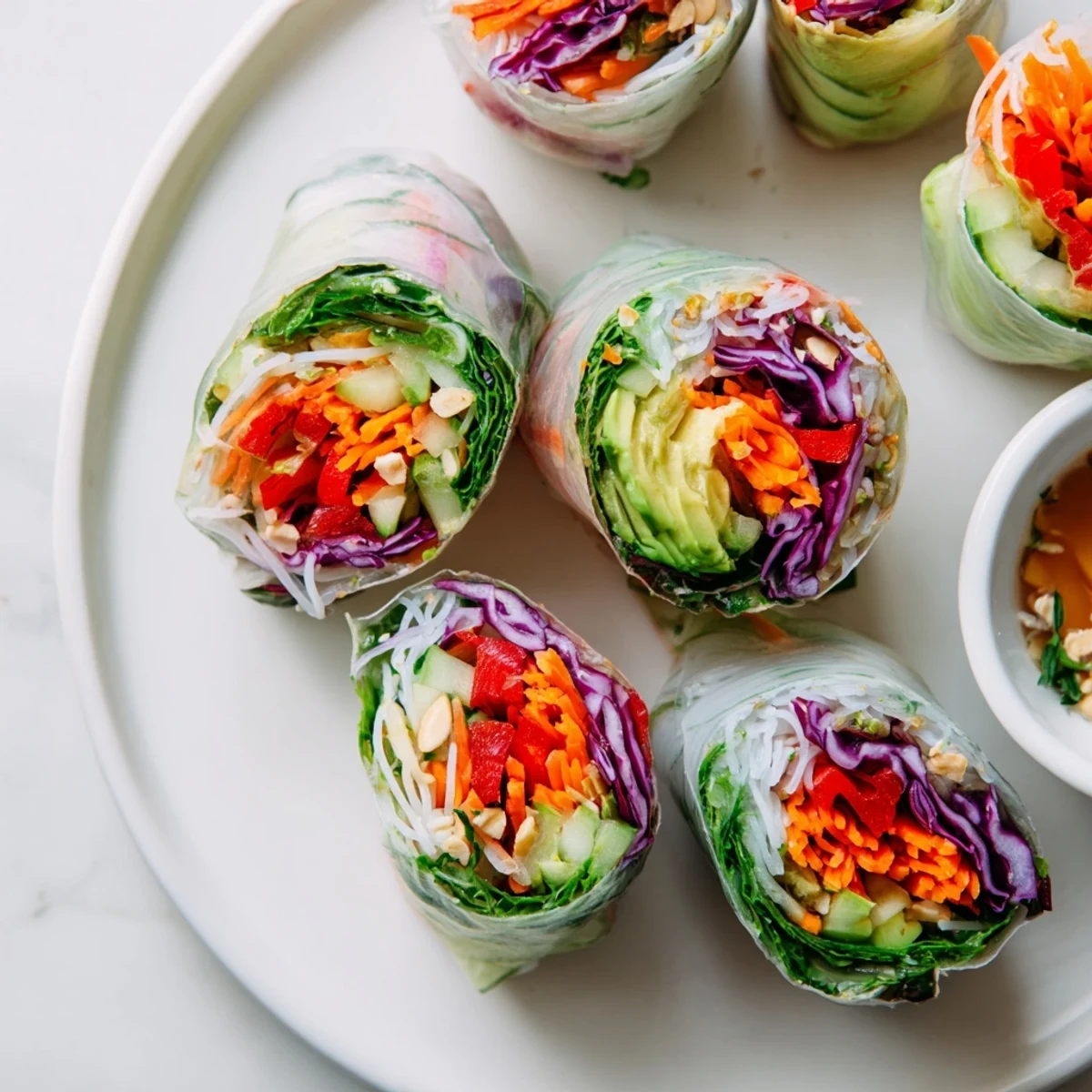 Crisp, colorful Gluten Free Vegetable Spring Rolls with avocado, mint, rice vermicelli