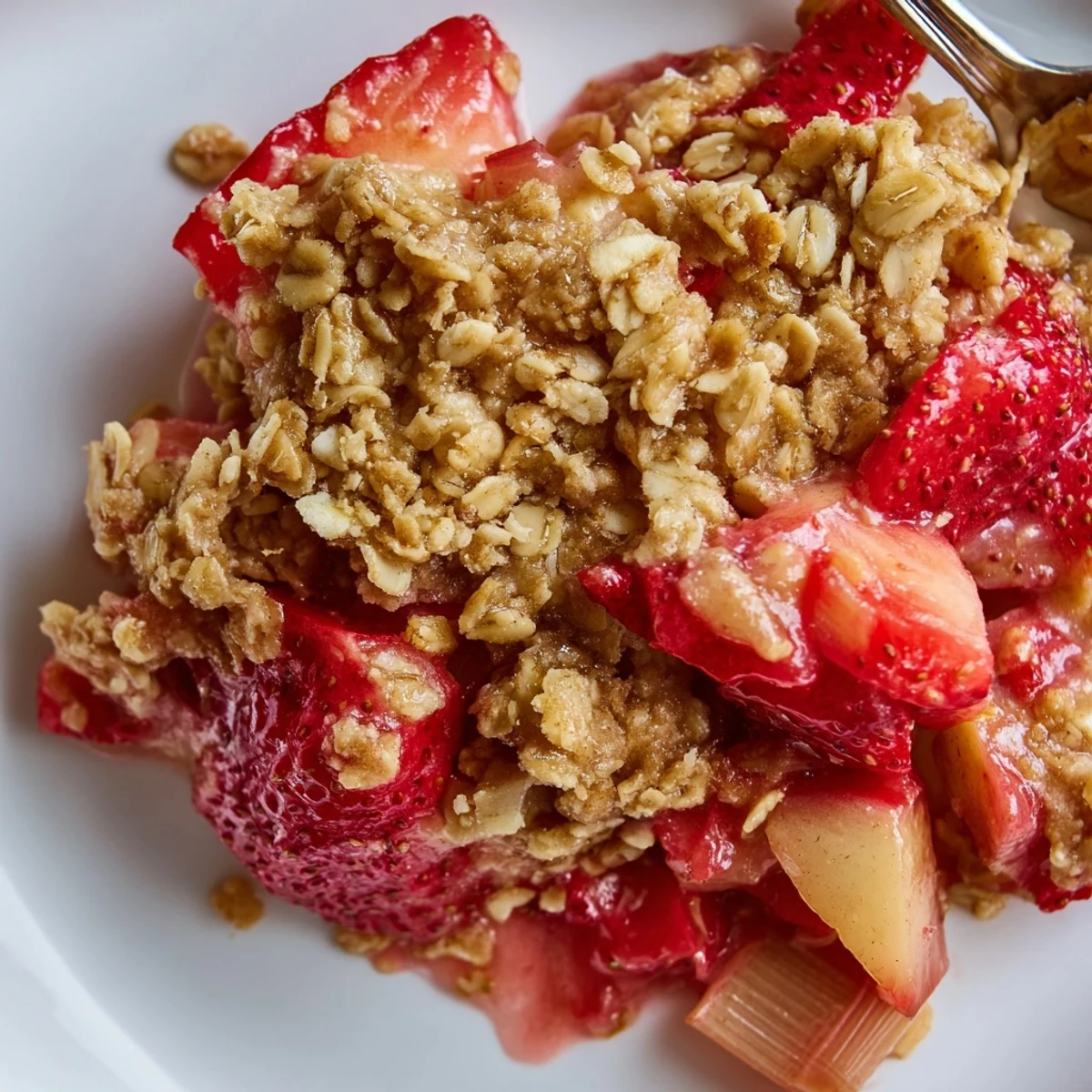 Strawberry Rhubarb Crisp Recipe topped with buttery oats, served warm with ice cream