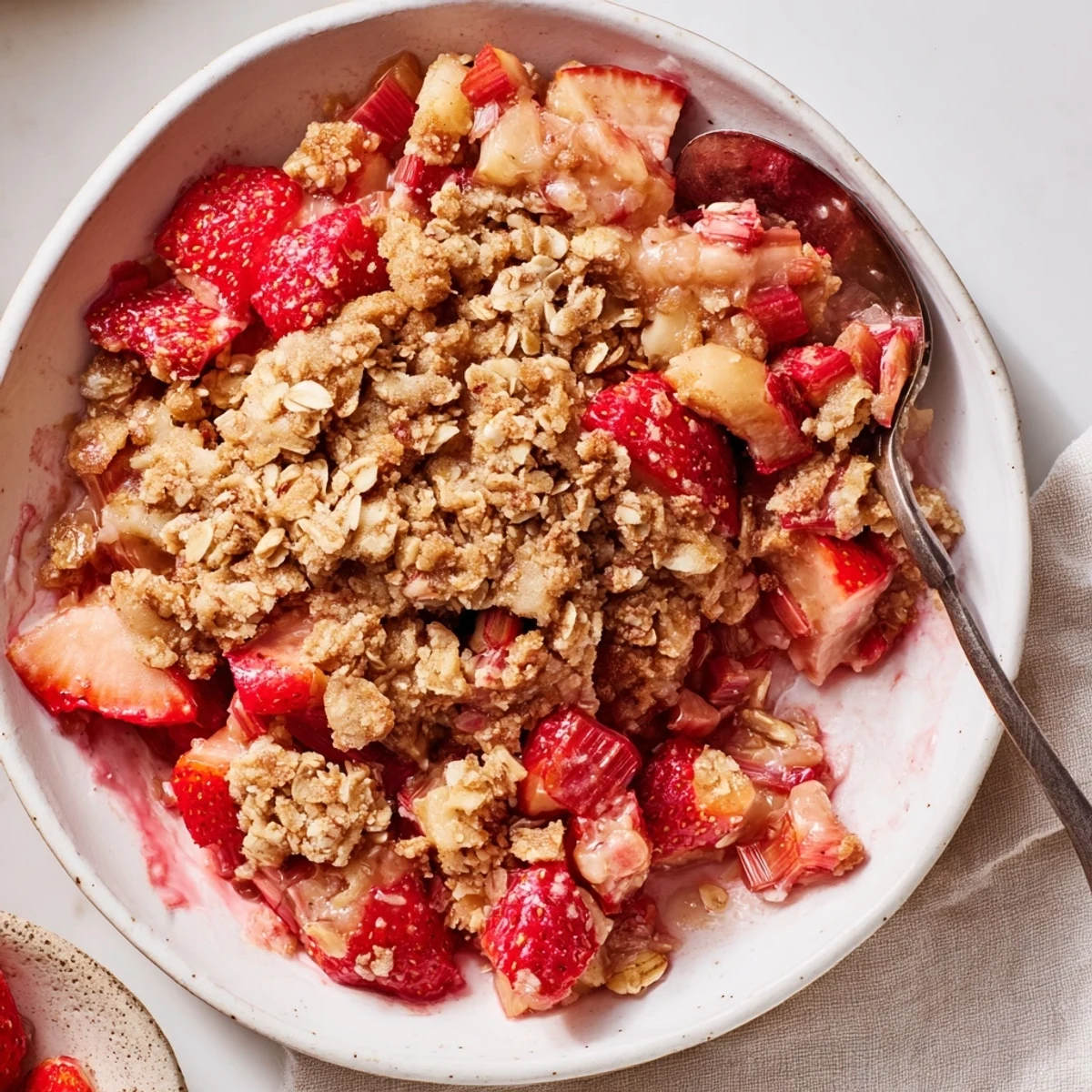 Warm Strawberry Rhubarb Crisp Recipe with bubbling fruit and golden oat topping