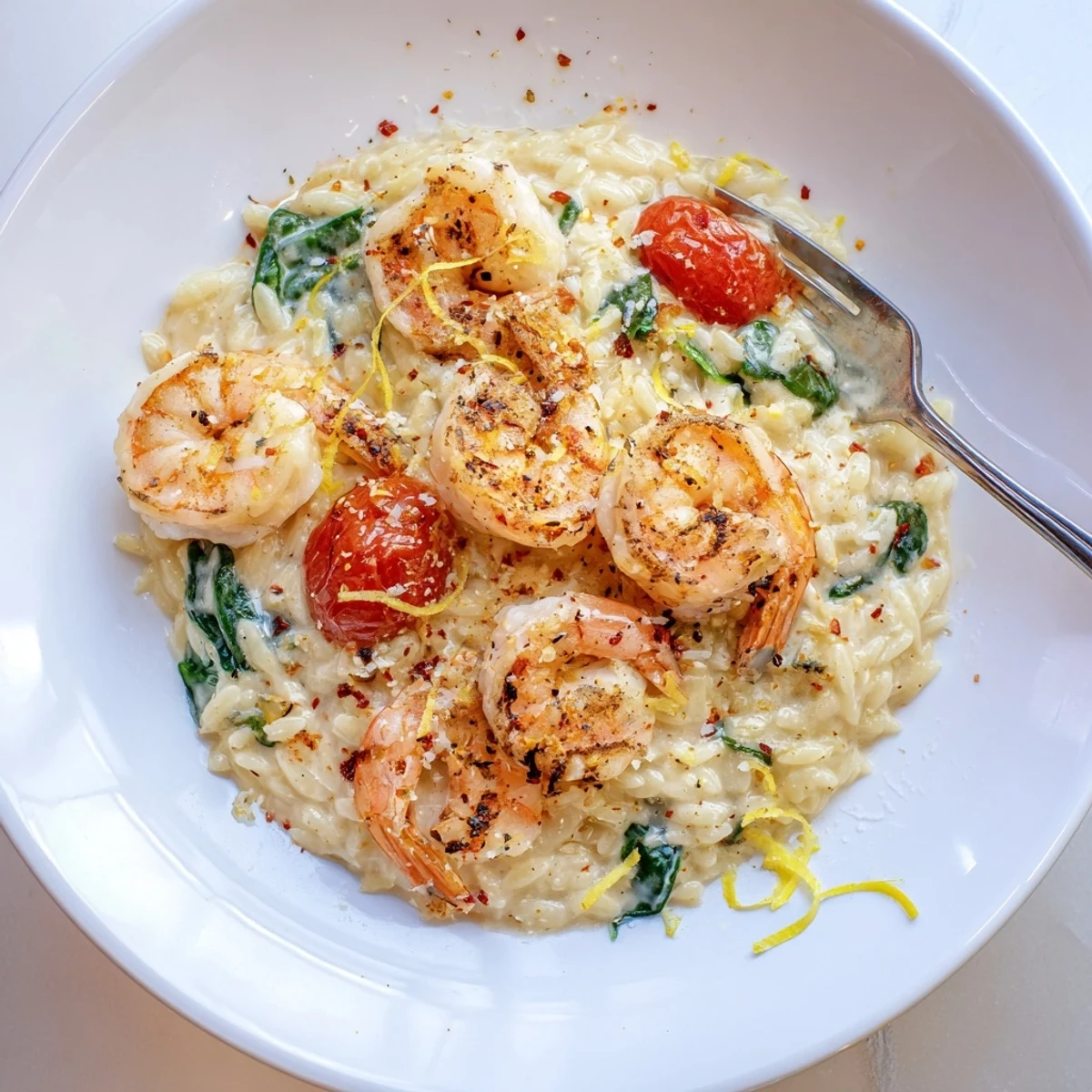 Skillet of Creamy Shrimp Orzo Recipe steaming, plump shrimp, lemon zest garnish