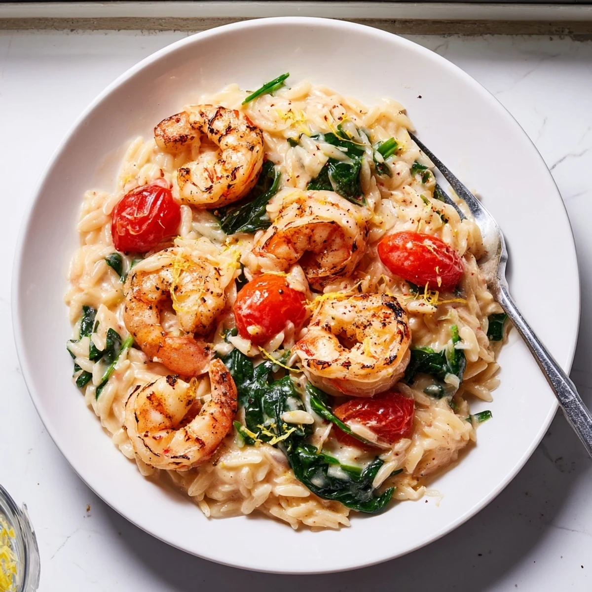 Lemon-zested Creamy Shrimp Orzo Recipe served hot with crusty bread for dipping