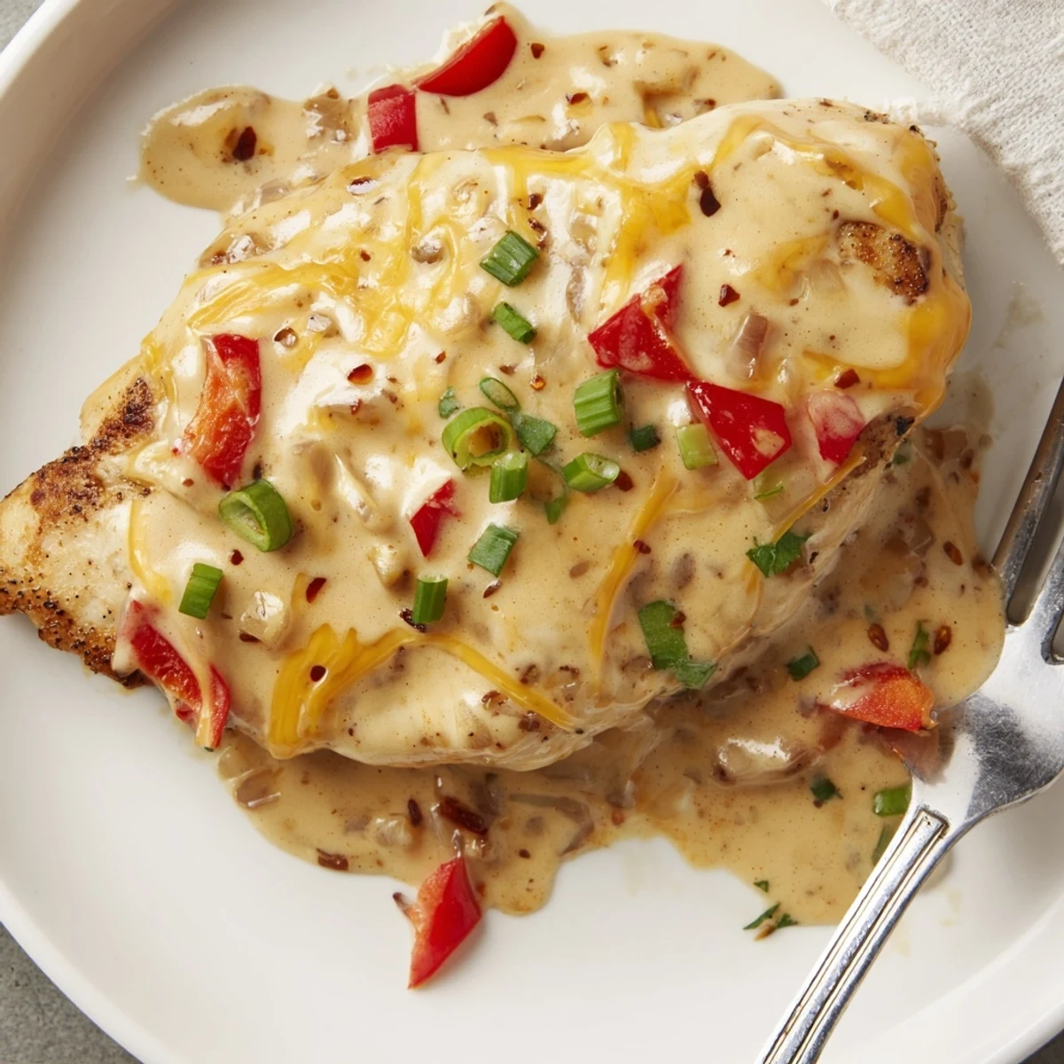 Oven-baked Mississippi Mud Chicken in skillet, smoky cheddar cream and scallions