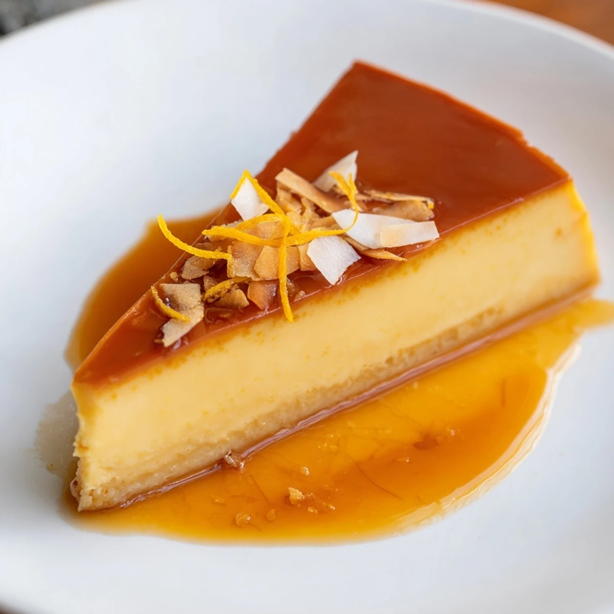 Chilled Flan Napolitano glistening on plate with orange zest and berries