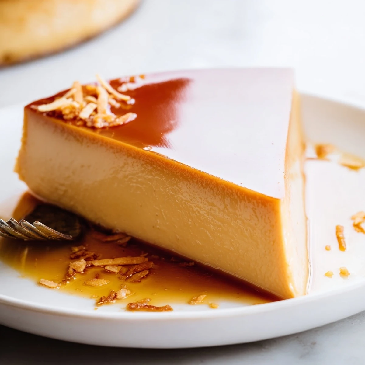 Creamy Flan Napolitano topped with glossy caramel, sliced for dinner guests