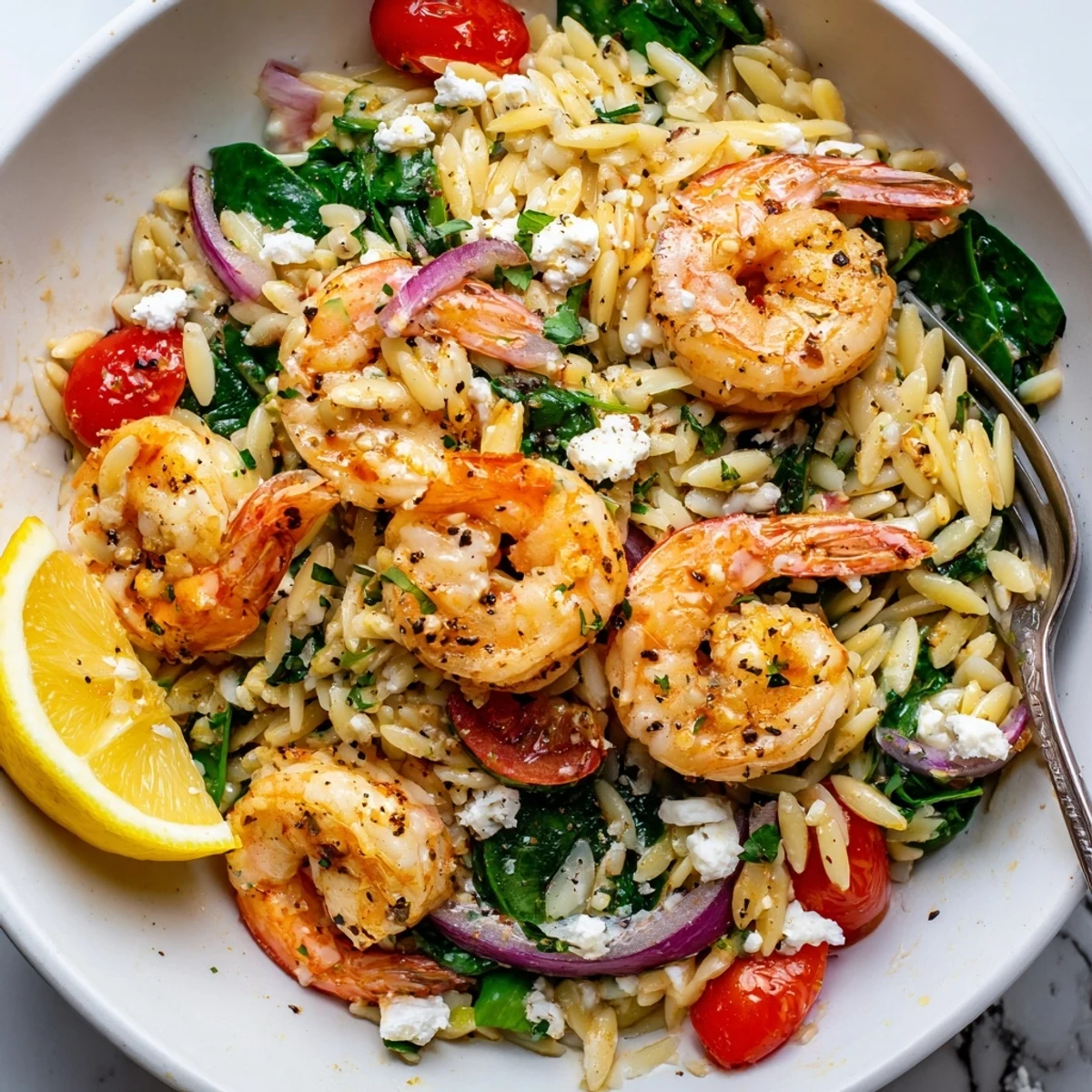 Citrusy Lemon Feta Orzo Shrimp Recipe served warm, fragrant parsley garnish.