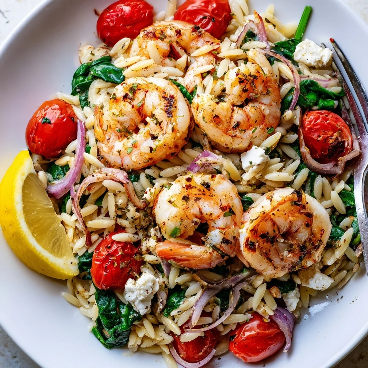 One pan Lemon Feta Orzo Shrimp Recipe, tender orzo and zesty lemon wedges.