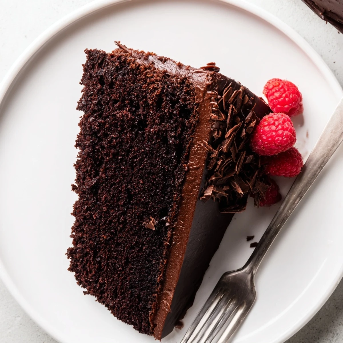 A slice from the Chocolate Cake Recipe plated with berries and cream