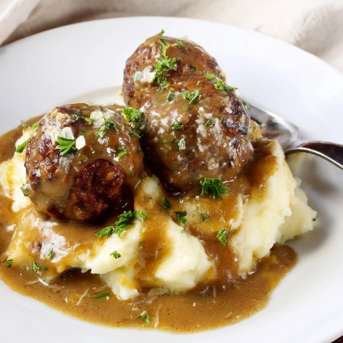 Crockpot Meatballs Gravy with tender beef meatballs bathed in rich, steaming brown gravy