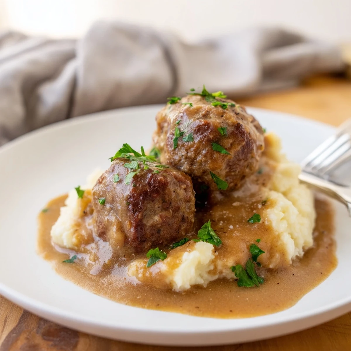 Warm Crockpot Meatballs Gravy spooned over buttery mashed potatoes, comforting and aromatic