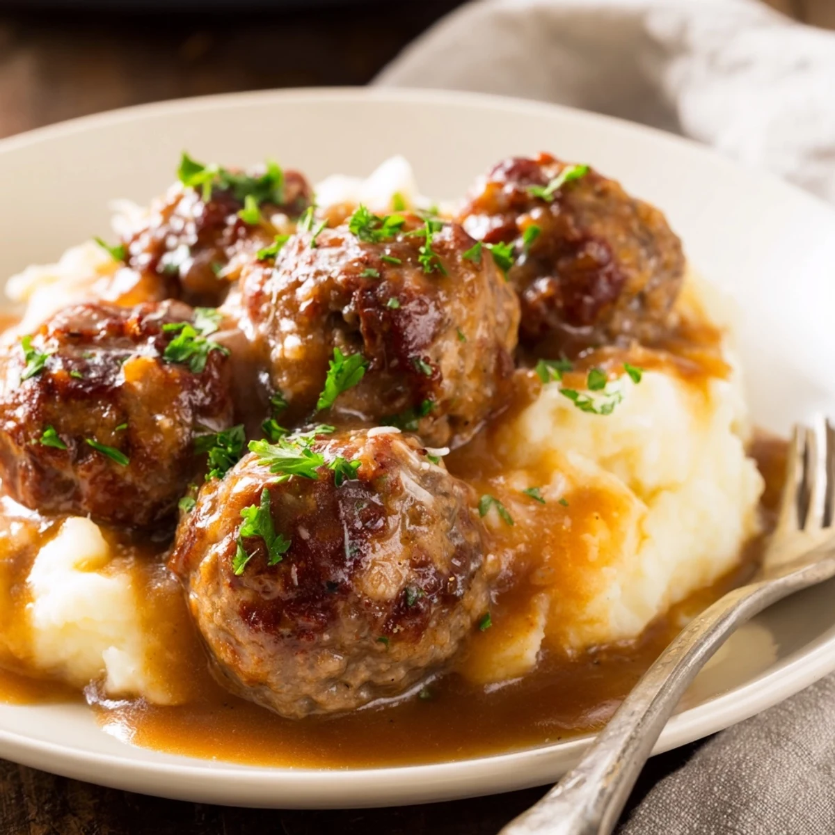 Slow simmered Crockpot Meatballs Gravy with glossy sauce, perfect for family dinners
