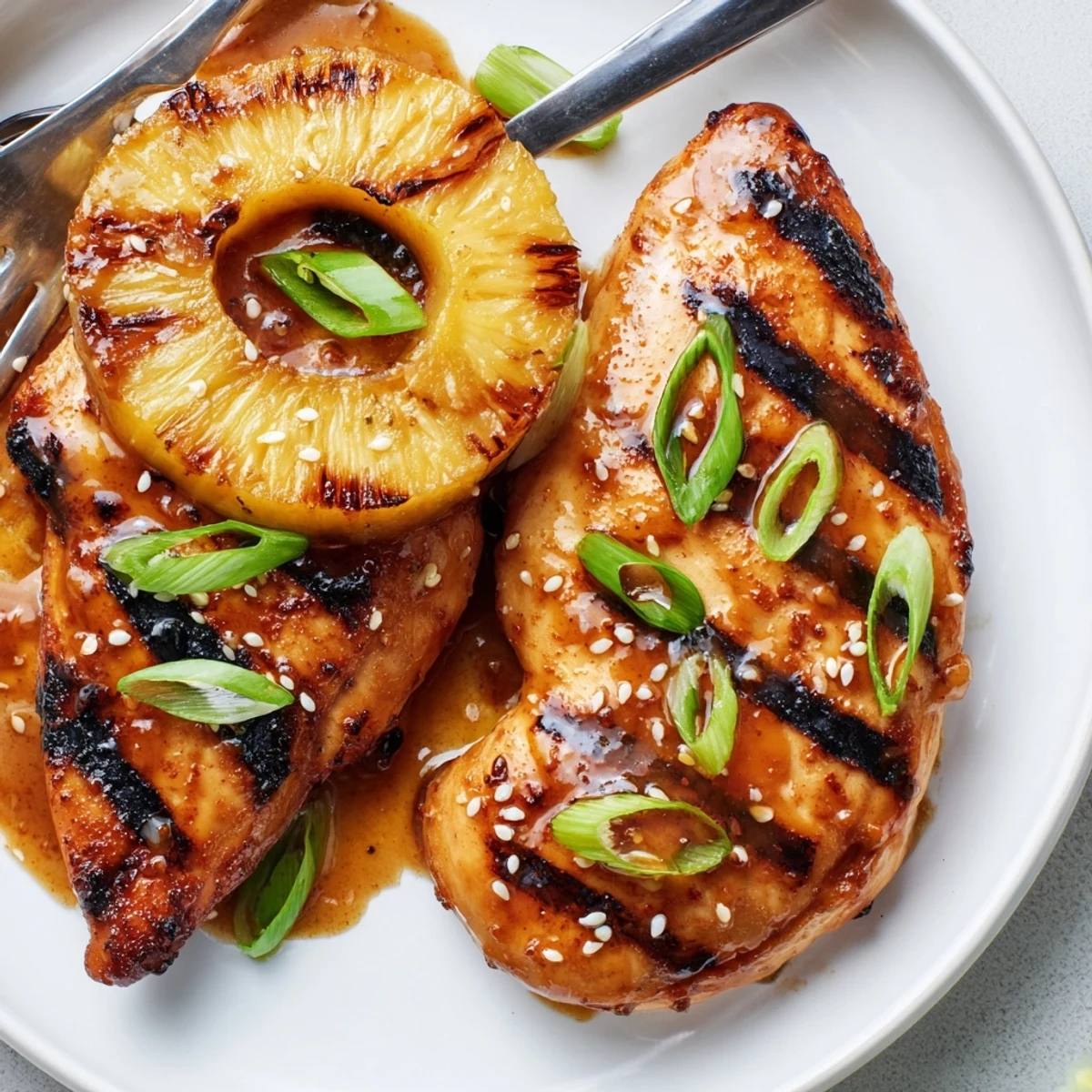 Grilled Aloha Chicken with charred pineapple, glossy glaze, scallion garnish on plate