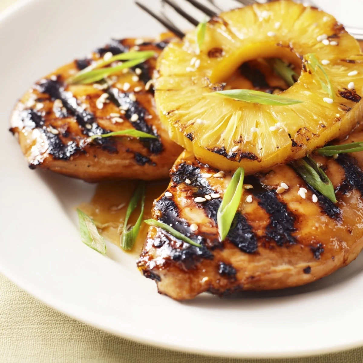 Juicy Grilled Aloha Chicken resting beside coconut rice and bright green salad