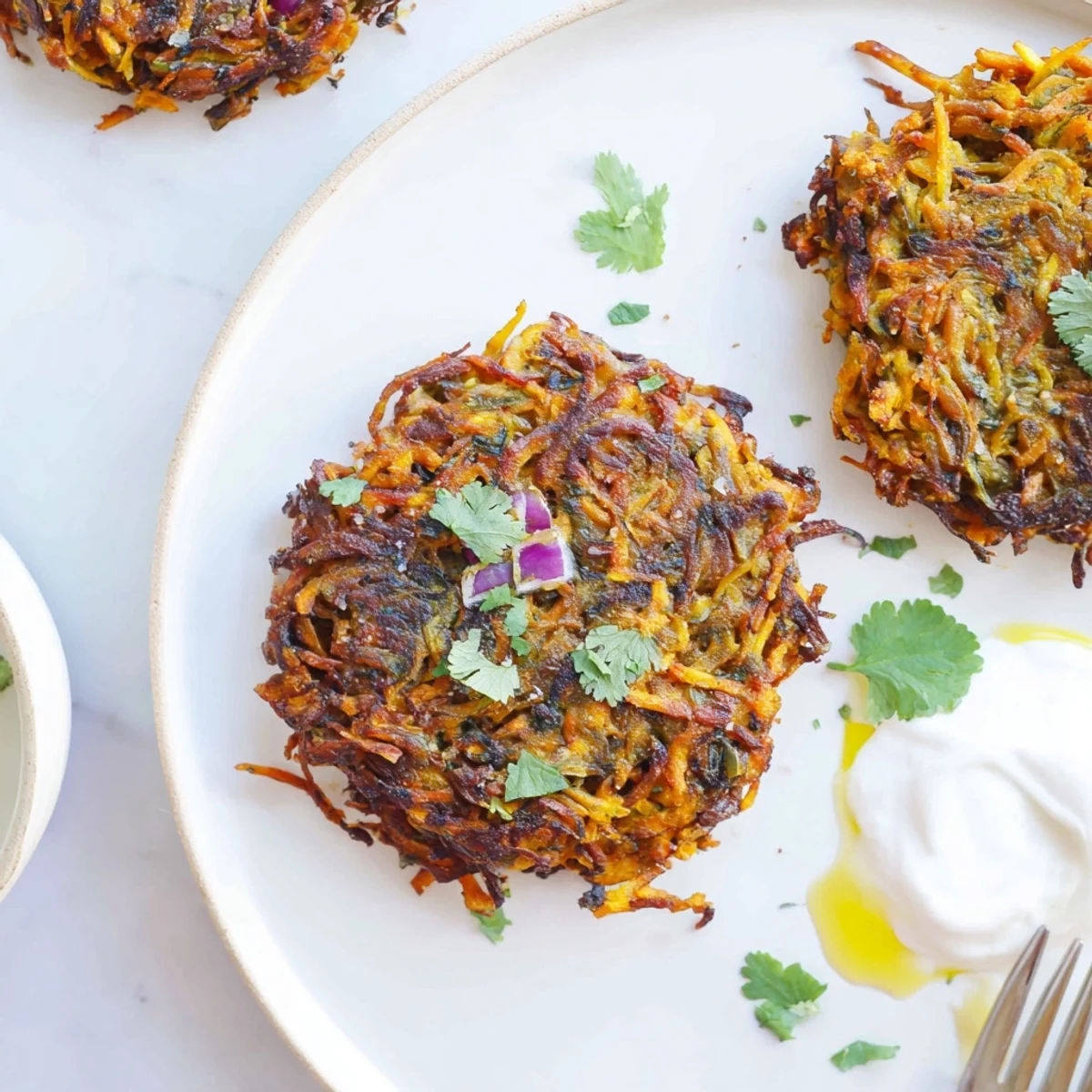 Crispy Sweet Potato Lentil Patties steaming, golden crust, served with cool yogurt dip