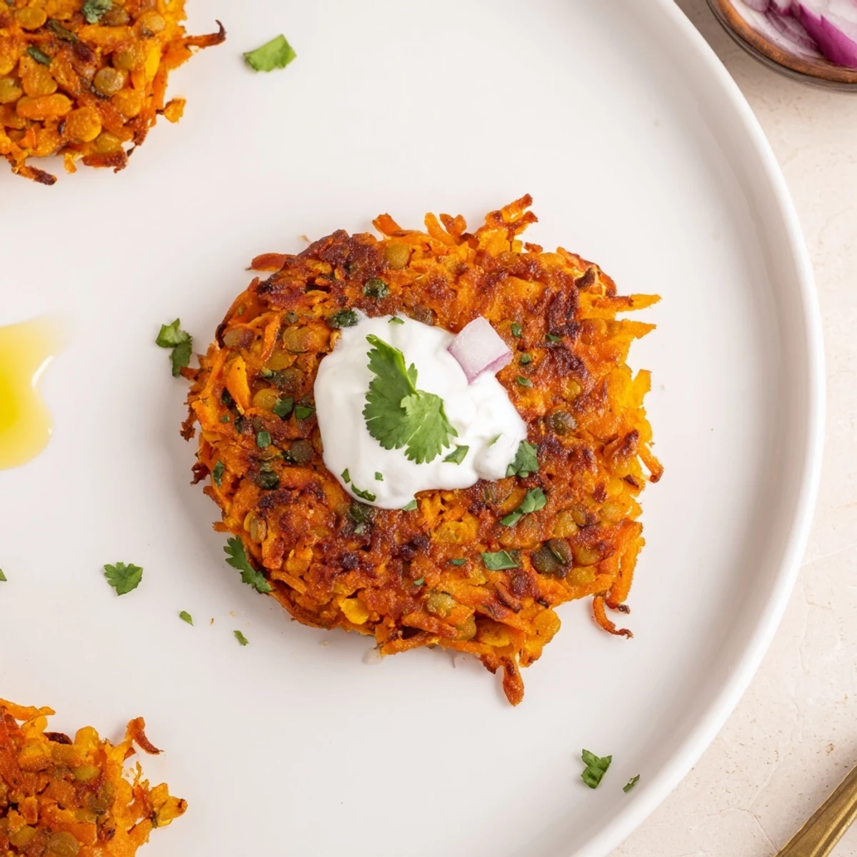 Vegan Crispy Sweet Potato Lentil Patties crisped golden, spicy chutney and avocado