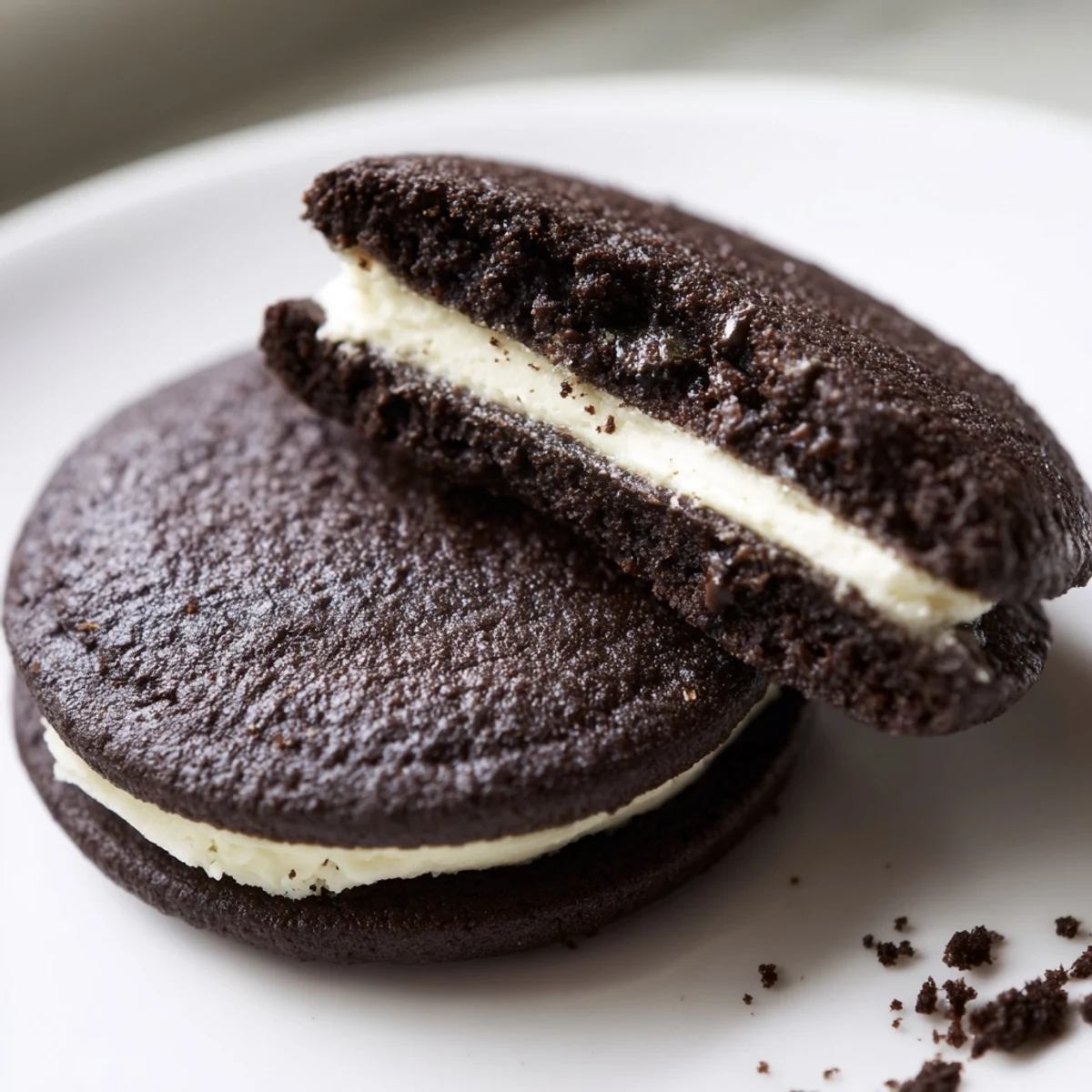 Stacked Homemade Oreo Style Cookies with creamy vanilla filling ready for dunking